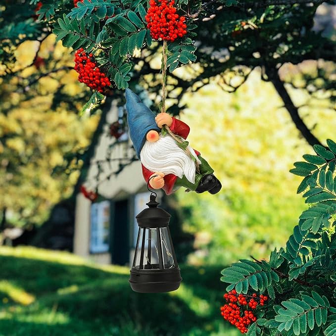 Solar Hanging Gnome Garden Statues Climbing Rope Gnome with LED Lantern Summer Outdoor Decor Tree Hugger Yard Porch Wall Fence Decoration Mother's Day Birthday Gifts for Mom Women