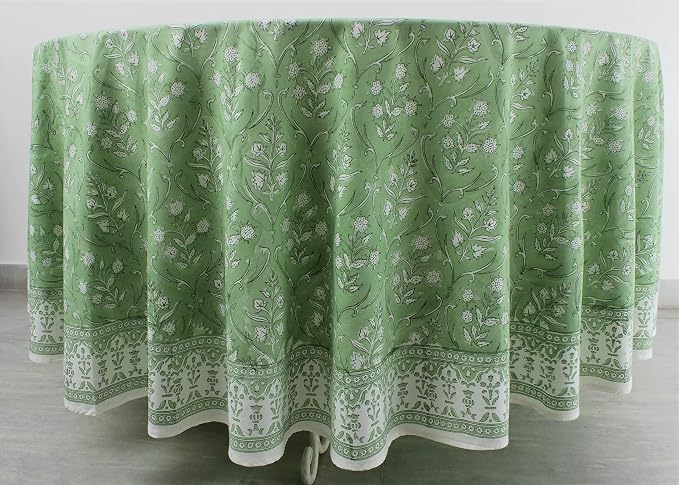 Ridhi Round Tablecloth Hand Block Print 100% Cotton Reusable Pear Green 60 Inch Table Cover Decorative Everyday Use for Dining, Home, Party, Wedding, Farmhouse, Party Gift for Spring, Mother's Day