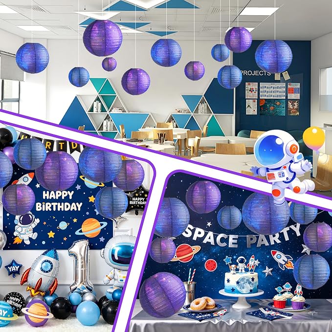 12 PCS Galaxy Paper Lanterns Space Themed Party Decorations, 6 x 12 Inch & 6 x 8 Inch Hanging Round Paper Lanterns for Galaxy Birthday Party Ceiling Room Classroom Decor