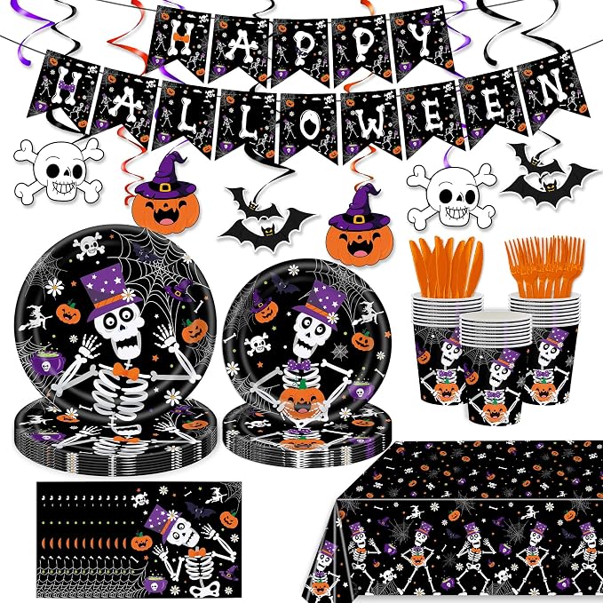 132 Pcs Halloween Party Supplies Includes Plates, Napkins, Cups, Banner, Hanging Swirls, Tablecloth for Halloween Horror Ghosts Skeleton Decorations, Serves 20