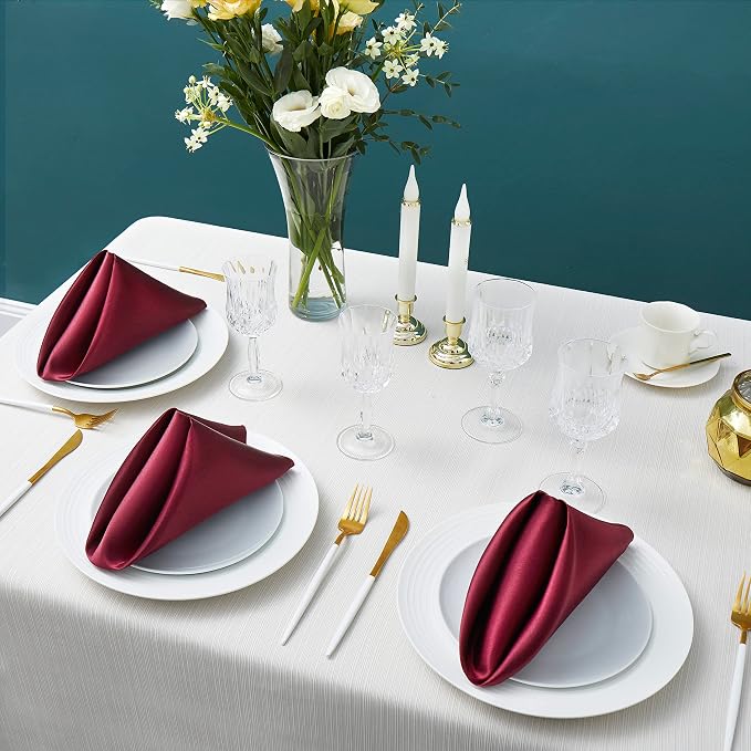 24 Pack Square Satin Dinner Napkins, 17x17 Inches Silky Soft Smooth Table Cloth Napkins for Restaurant Weddings Banquet Party Decoration, Burgundy