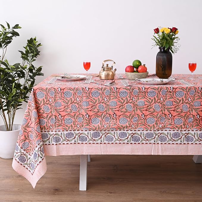Hand Block Printed Tablecloth, Dark Salmon Pink,10 Seater 72 x 118 Inches Rectangle Shape, Colorful Floral Print, Indian Artisan Handmade Art, Dining Room, Kitchen, Outdoor Décor