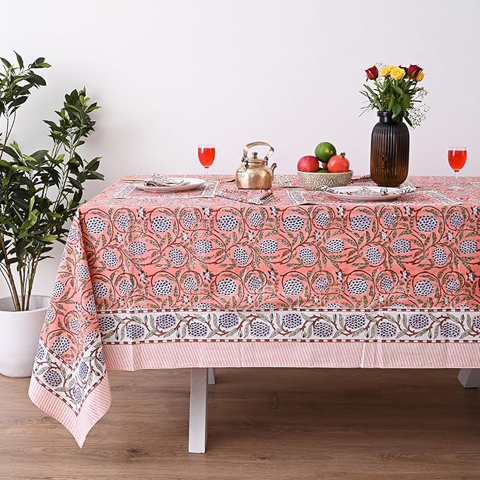 Hand Block Printed Tablecloth, Colorful Floral Print, Indian Artisan Handmade Art, Dining Room, Kitchen, Outdoor Décor, (Dark Salmon Pink, 14 Seater 72 x 160 Inches Rectangle)