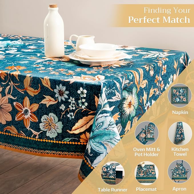 Maison d' Hermine Table Cloth Rectangle Table 100% Cotton 70 x 140 Inches Fall Tablecloth Reusable Everyday Use for Thanksgiving Christmas Decorations Dining Farmhouse Party (Luxury Loft - Dark Teal)