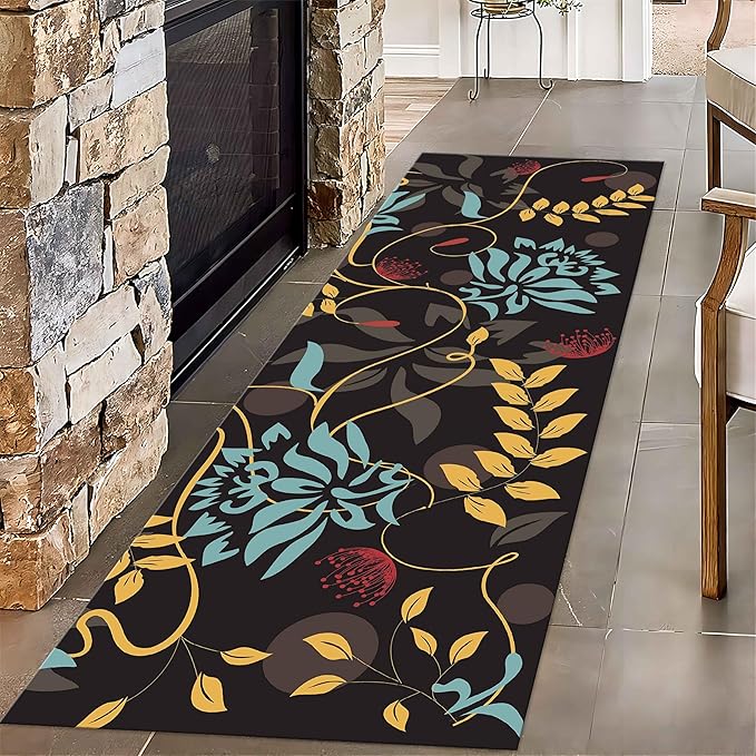 Floral Runner Rug, 2x6ft, Bohemian Vintage Plant Hallway Rug, Colorful Leaves Flowers Design With Non-Slip Rubber Backing, Washable Non-Shedding Long Runner Rug for Living Room Bedroom Kitchen