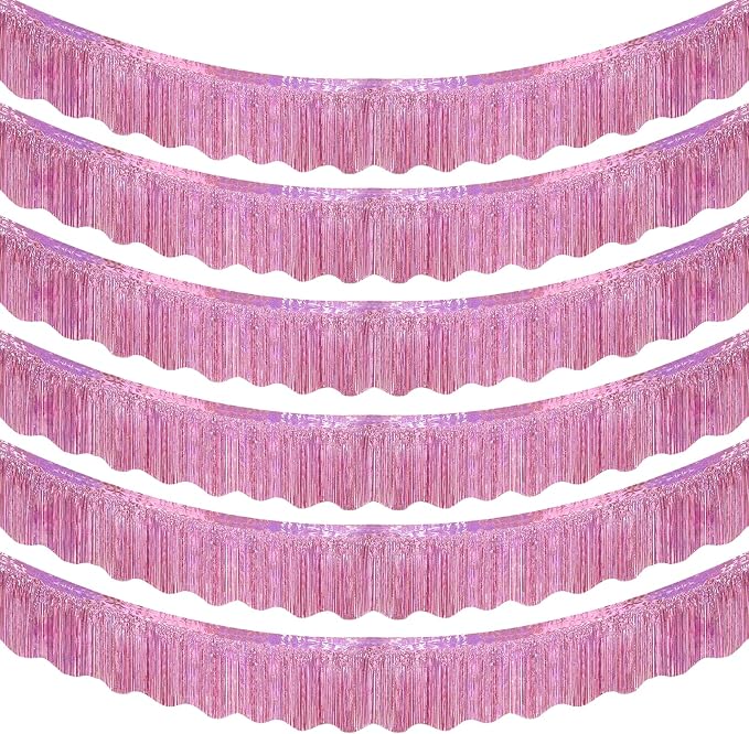 LOLStar Pink Foil Fringe Tinsel Garland, Tinsel Streamers Banner, 6 Pack | 60Ft Metallic Tinsel Streamers Banner, Glitter Photo Booth Props for Wedding, Parade Float, Gender Reveal Party Decor