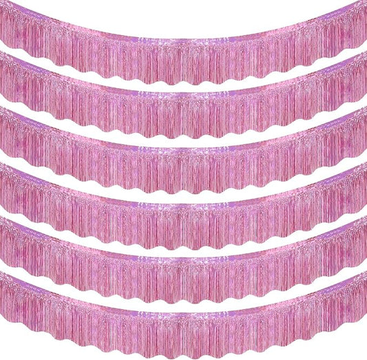 LOLStar Pink Foil Fringe Tinsel Garland, Tinsel Streamers Banner, 6 Pack | 60Ft Metallic Tinsel Streamers Banner, Glitter Photo Booth Props for Wedding, Parade Float, Gender Reveal Party Decor