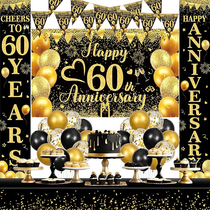 Black Gold Happy 60th Anniversary Decorations for Men Women, Black Gold 60th Wedding Anniversary Party Decorations Banner, Porch Banner, Triangle Flag, Tablecloth and Balloons Kit Party Supplies
