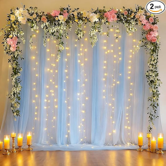 10x10ft Baby Blue Tulle Backdrop Curtain with Lights String for Parites, Sheer Photo Backdrop Curtains with Lights for Wedding Backdrop Ceremony Reception Bridal Shower Baby Shower Birthday Party