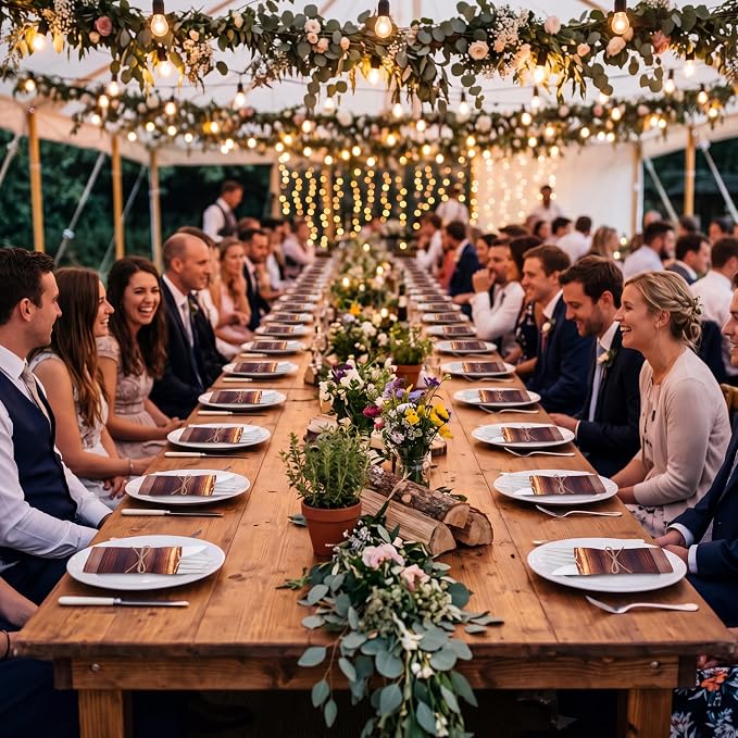 200 Pcs Rustic Wood Grain Wedding Supplies Biodegradable Disposable Tableware Set for 50 Guests Knives Spoon Fork Paper Napkins for Bridal Shower Camping Birthday Forest Themed Party