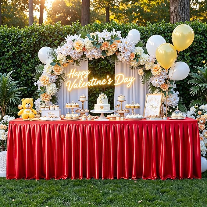 6 Packs Red Satin Tablecloths Rectangle 6FT, Glitter Spandex Fitted Stretch Table Covers Wrinkle-Free Floor Length Shimmer Table Skirt for Weddings Parties Baby Shower Banquets Vendor Events