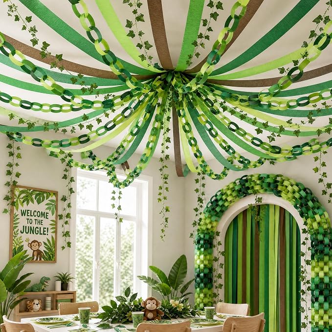 LFUTARI 500 Sheets Green Paper Chain Strips Garland, 492ft Jungle Crepe Paper Streamers and 82ft Fake Ivy Vines for Holiday Birthday Back to School Rainforest Party Classroom Backdrop Decorations