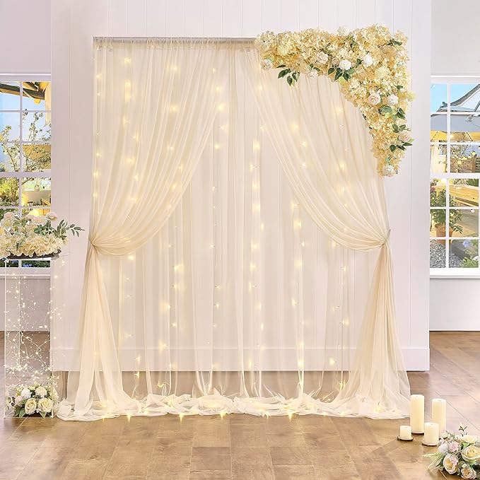 10×12ft Champagne Tulle Backdrop Curtain with Lights String for Parites Sheer Fabric Backdrop Curtains for Wedding Baby Shower Birthday Party Backdrop Drapes Bridal Shower Photo Shoot Background