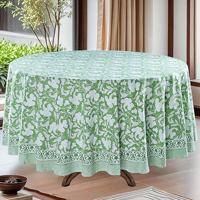 Ridhi Round Tablecloth Hand Block Print 100% Cotton Reusable Sage Green 132 Inch Table Cover Decorative Everyday Use for Dining, Home, Party, Wedding, Farmhouse, Party Gift for Spring, Mother's Day