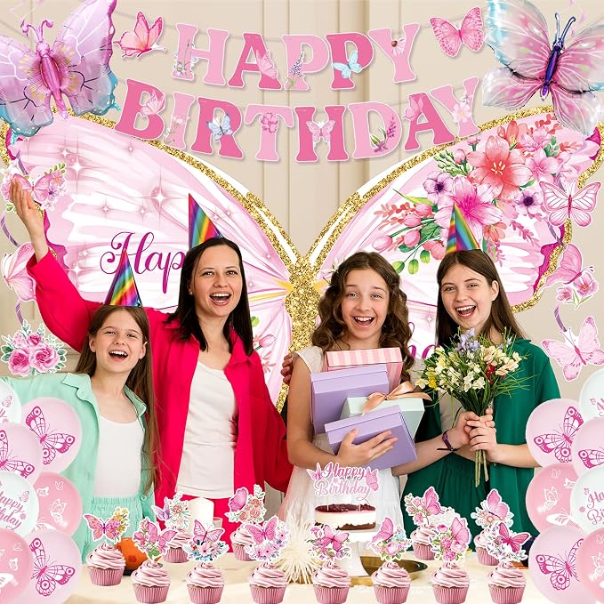 Roetyce Butterfly Birthday Decorations Girls, Pink Happy Birthday Banner Backdrop Balloons Hanging Swirls Cake Topper Kit for Home Party, Women Butterfly Themed Party Suppiles Photo Background