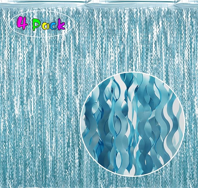 4 Pack Wavy Blue Foil Fringe Curtain 3.3x6.6 Feet | Blue Streamers Tinsel Backdrop for Under The Sea Party Decorations | Ocean Backdrop | Mermaid Birthday Decorations