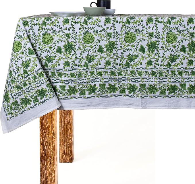 Light Green Block Print Table Cloth- 60x90 Inch Rectangle 100% Cotton Handmade Pre-Shrink, Washable for Spring, Kitchen & Dining Perfect for Chirstmas, Patio, Indoor & Outdoor, Farmhouse