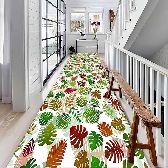 Palm Leaf Kids Runner Rug, 2x8ft, Green Colorful Leaves Palm Leaf Hallway Runner Rug, Small Cute Bath Mat Nursery Corridor Carpet, Non Slip Long Carpet for Bedroom Children Room Kitchen