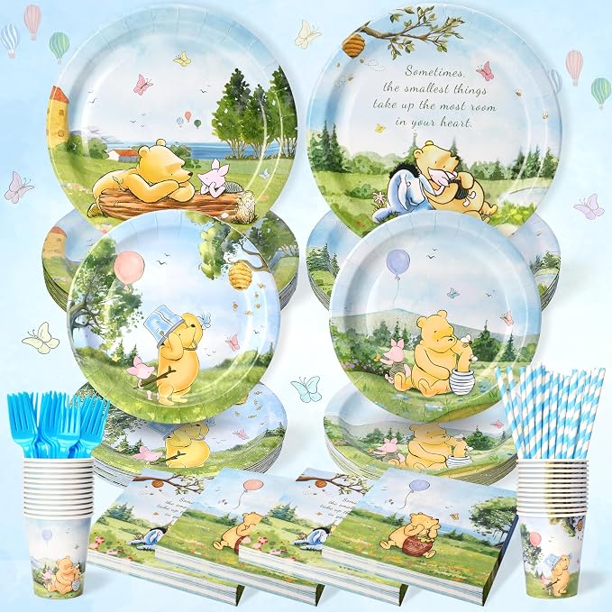156 Pcs Winnie Bear Baby Shower Plates and Napkins Tableware Set, Plates Napkins Cups Straws and Forks Sets, Winnie Baby Shower Decorations Birthday Party Supplies, Serves 26 Guests