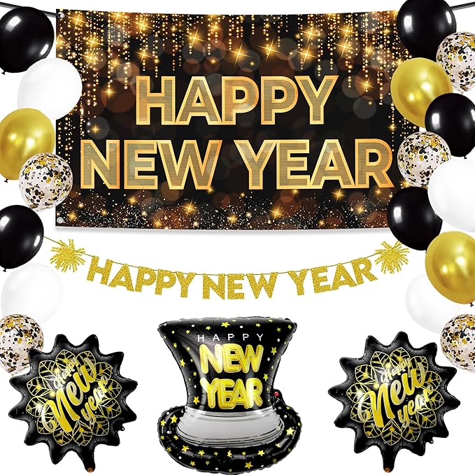 KatchOn, New Years Eve Party Supplies 2026 - Huge, Pack of 37 | Happy New Year Banner, New Years Balloons for Black and Gold Happy New Year Decorations 2026 | NYE Decorations 2026