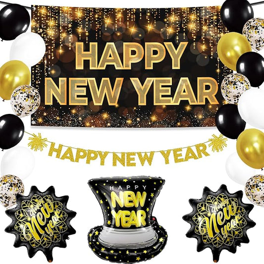 KatchOn, New Years Eve Party Supplies 2026 - Huge, Pack of 37 | Happy New Year Banner, New Years Balloons for Black and Gold Happy New Year Decorations 2026 | NYE Decorations 2026