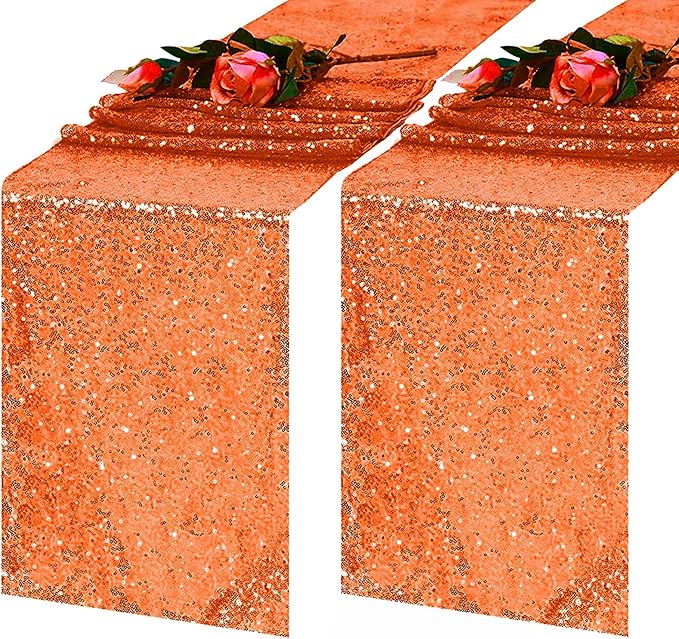 2 Pack Orange Sequin Table Runner 12 x 72 Inch - High Density Sparkly Glitter Table Runners for Thanksgiving Dinner, Halloween Party, Citrus Theme , Fiesta, Shimmering Orange Decor
