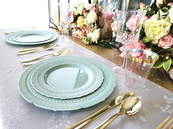 OCCASIONS 240pc Heavy Duty Disposable Plastic Plates Set for 120 Guests – 120 Dinner (11") & 120 Salad/Dessert (8.25") Plates – BPA Free, Chateau Mint