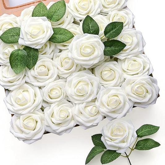 Mocoosy 50Pcs White Rose Artificial Flowers, Ivory Roses for Decorations, Real Touch Fake Rose with Stems Bulk DIY Wedding Bouquet Bridal Shower Mother's Day Floral Arrangement Party Home Decor
