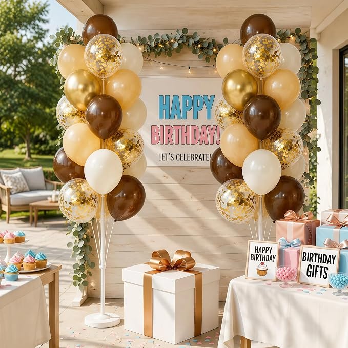 Hiins Balloon Column Kit Set of 2 With Balloons Included - with Base,Pole,Balloon Tower Backdrop Decoration for Wedding, Baby Shower,Birthday Party,Bachelorette Parties (3xCoffee Brown Gold)