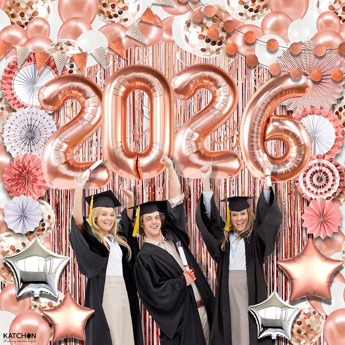 KatchOn, Rose Gold Birthday Decorations Set - Huge Pack of 145 | Rose Gold Fringe Backdrop, Balloons, Garland for Birthday Decorations, Graduation Decorations 2026 | Graduation Eve Party Supplies