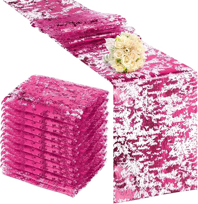 Aneco 12 Pieces Metallic Glitter Table Runner 84 x 11 Inches Hot Pink Glitter Mesh Table Runners Sparkle Rectangle Runner Roll Decorations for Wedding Baby Shower Birthday, DIY Home Decor