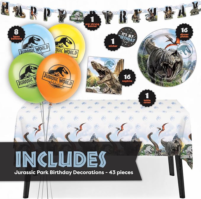 Jurassic Park Birthday Decorations for 16 | Balloons, Banner, Tablecloth, Plates, Napkins | Officially Licensed Jurassic World Party Decorations