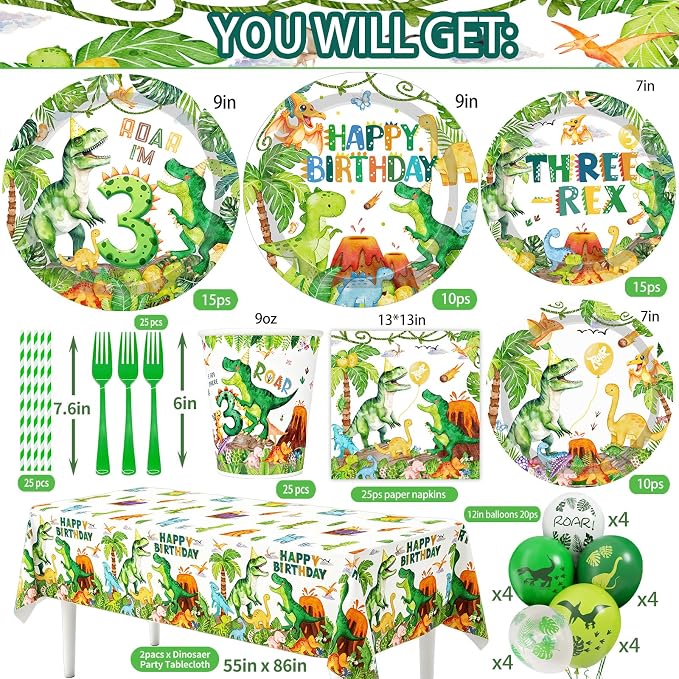 Three Rex Bday Decorations for Boys Dinosaur 3rd Bday Party Supplies Pre-strung Banners T-rex 3 Rex Dino Tableware Honeycomb Centerpieces Talbelcoth Hanging Swirls Cupcake Topper Balloons Serve 25