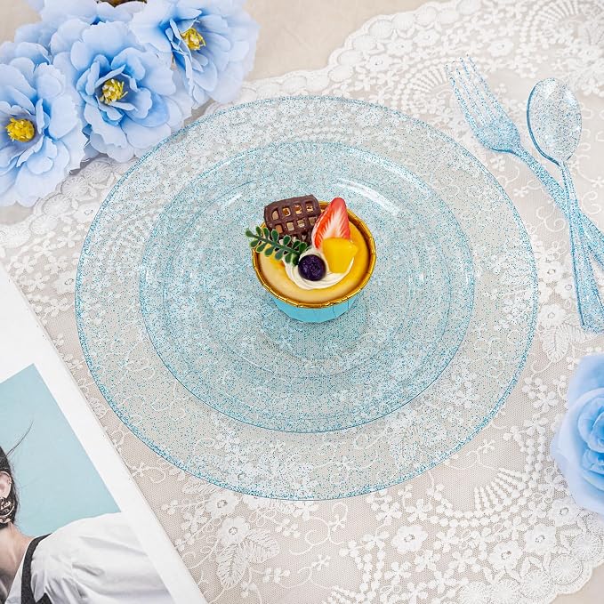 Rubtlamp 180Pcs Blue Glitter Dinnerware Set(30 Guests), Blue Plastic Plate With Gitter Disposable Silverware, Gitter Plate Set Include 30Dinner Platos, 30Dessert Platos, 90Cutlerys, 30Cups for Party