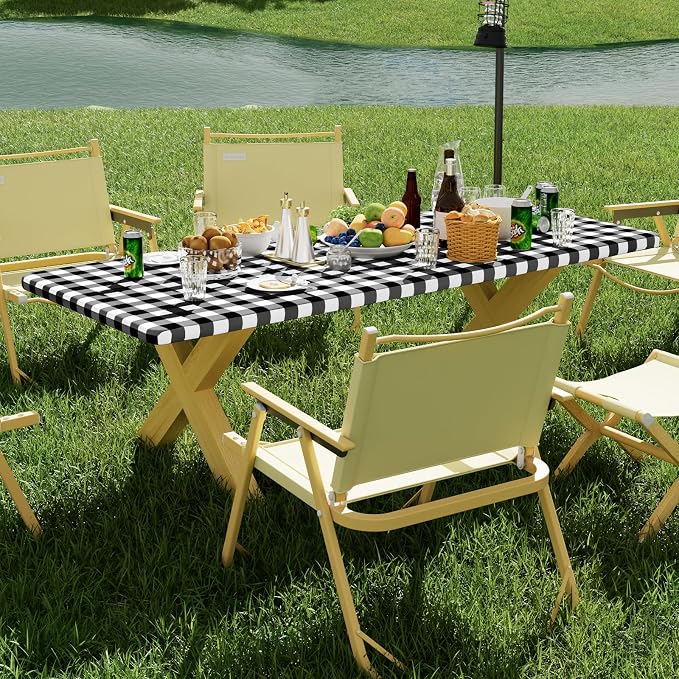 Smiry Picnic Table Cloth 4 Pack, Waterproof Elastic Fitted Tablecloths for 6FT Rectangle Tables, Washable Polyester Buffalo Plaid Tablecloth for Camping, Dining & Outdoor (Black & White, 30" x 72")