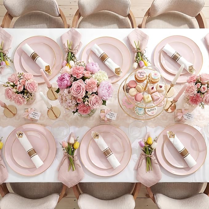 KIRE 350 PCS Pink Plastic Plates - Pink and Gold Disposable Dinnerware 50 Guest Include 50 Dinner Plate - 50Dessert Plate - 50Pre Rolled Napkins with Silverware for Mother's Day/Wedding/Baby Shower