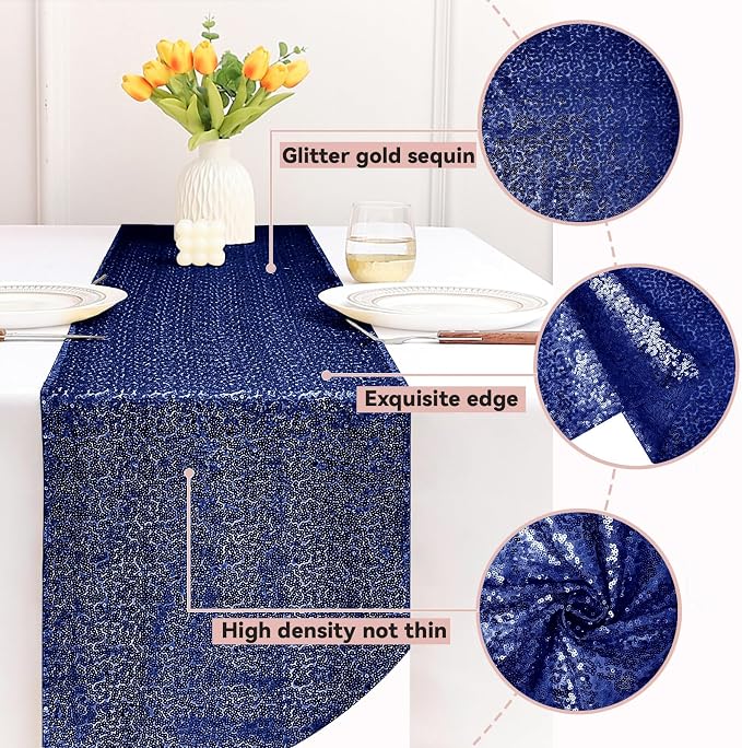 Sugargirl 10 Packs 12 x 72 inches Sequin Table Runner, Glitter Navy Table Runner for Birthday Party Supplies Wedding Holiday Celebration Event Decorations