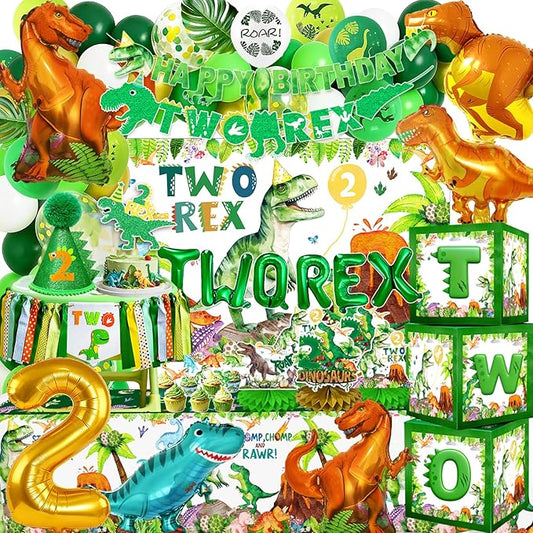 Two Rex Dinosaur 2nd Birthday Decorations for Boys – Dino 2nd Birthday Party Supplies with Two Rex Banner, Letter Balloons, Backdrop, Tablecloth, Balloon And Boxes for 2 Rex Party