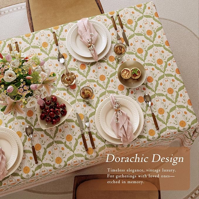 Block Print Thick Linen Tablecloth for Rectangle Tables, Waterproof Wipeable Decorative Table Cover for Dining Kitchen Indoor Outdoor, 55" x 71", 4-6 Seats