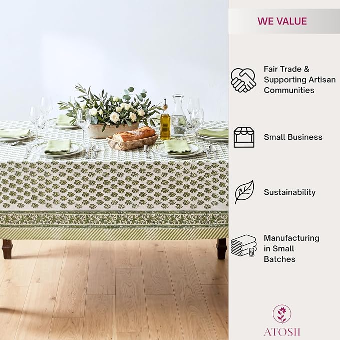 ATOSII Ivy Green 100% Cotton Square Boho Spring Summer Tablecloth, Handblock Floral Table Cloth Linen for Kitchen Dining I Parties Wedding Outdoors Picnic Easter Decor 60 X 60 Inches I 4 Seater