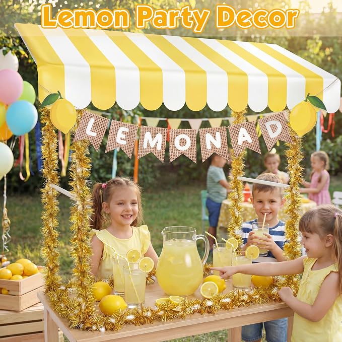 7 Pcs Lemonade Stand Supplies Lemonade Bar Party Decorations with 1 Set Plastic Stand 1 Yellow and White Striped Sunshade Cloth 4 Yellow Tinsel 1 Banner Sign for Outdoors Summer Party Supplies