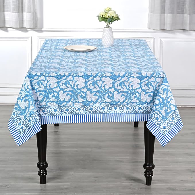Ridhi Magic Blue Hand Block Print Cotton Rectangle Tablecloth 160" x 72" inches Reusable Table Cover Decorative Everyday Use for Dining Room, Farmhouse, Home Gift for Spring, Mother's Day