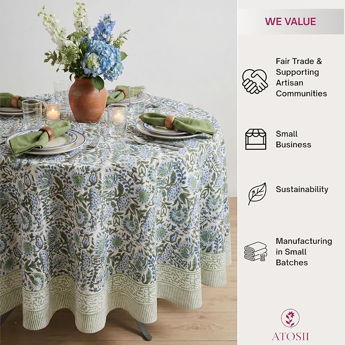 ATOSII Clover Blue 100% Cotton Round Boho Fall Tablecloth, Handblock Floral Table Cloth Linen for Kitchen Dining I Parties Wedding Outdoors Christmas Thanksgiving I 60" Inches Round I 4 Seater