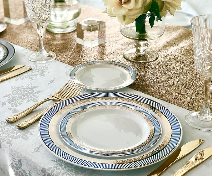 OCCASIONS 240 Disposable Plates for 120 Guests, Fancy Blue & Gold Heavyweight Scalloped Plastic Dinnerware Set for Wedding Party, BPA Free - 10.5" Dinner + 7.5" Salad/Dessert, Louvre in Blue & Gold