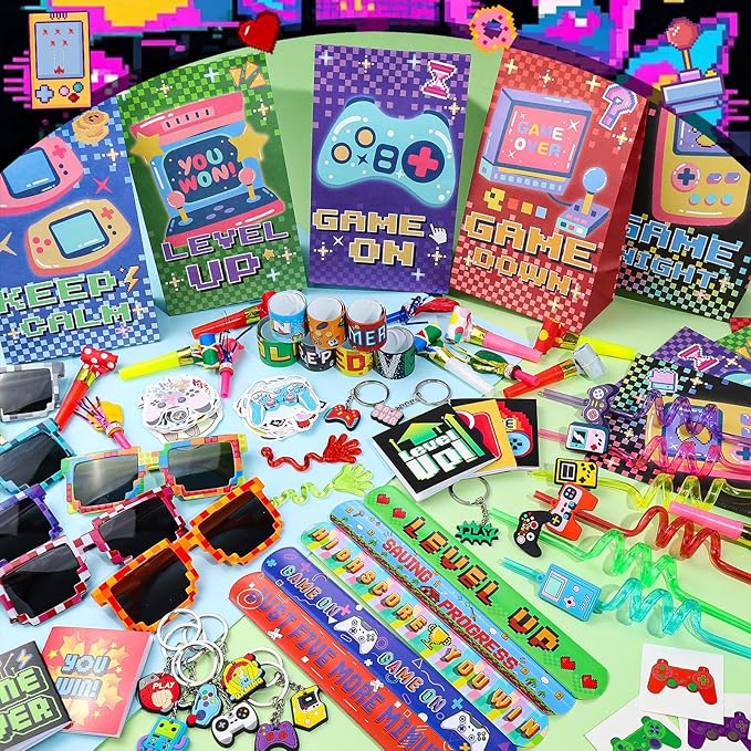 170 Pcs Video Game Party Favors Kit With Gaming Goodie Bags Sunglasses Crazy Straws Stickers for Kids Birthday Prizes, All-in-One Video Game Theme Party Supplies for Boys & Teens