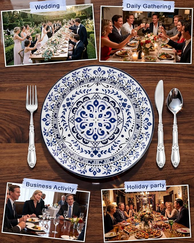 Hioasis 60pcs Blue Plastic Plates Set - Floral Blue & White Porcelain Design, 10.25" Dinner & 7.5" Dessert Plates Disposable for Wedding & 4th ofJuly (Dishwasher Safe, Traditional Style)