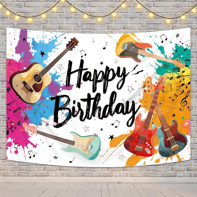 Guitar Happy Birthday Backdrop Music Themed Cool Watercolor Blue and Red Musical Notes Bday Party for Kids Photography Background Decoration Colorful Modern Fabric Photo Shoot Studio Props