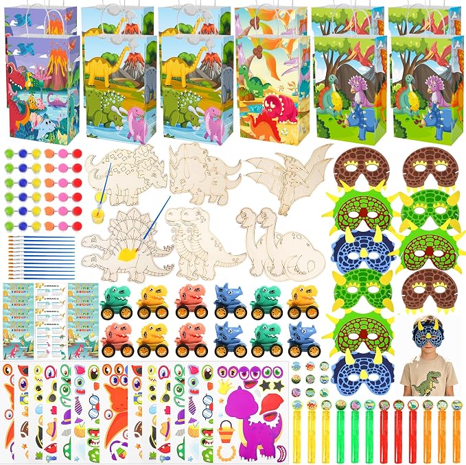 Dinosaur Party Favors,12 packs Dino Birthday Decorations with stickers mask car painting,Dinosaur Goody Bags for 3-5 4-7 8-12 Boys Girls Birthday Dino Themed Party Toys Gifts