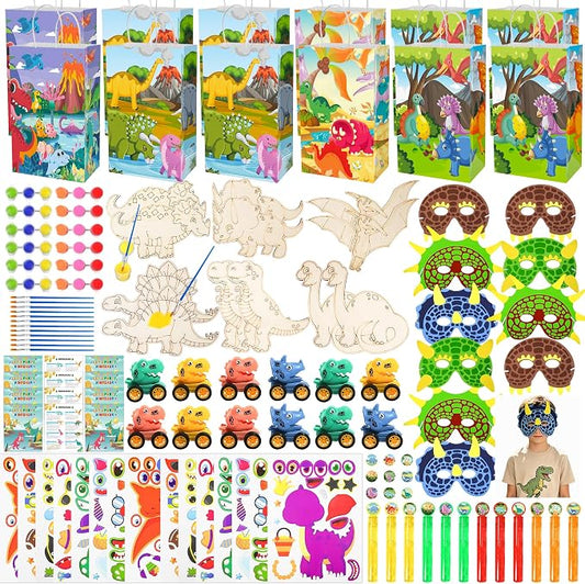 Dinosaur Party Favors,12 packs Dino Birthday Decorations with stickers mask car painting,Dinosaur Goody Bags for 3-5 4-7 8-12 Boys Girls Birthday Dino Themed Party Toys Gifts