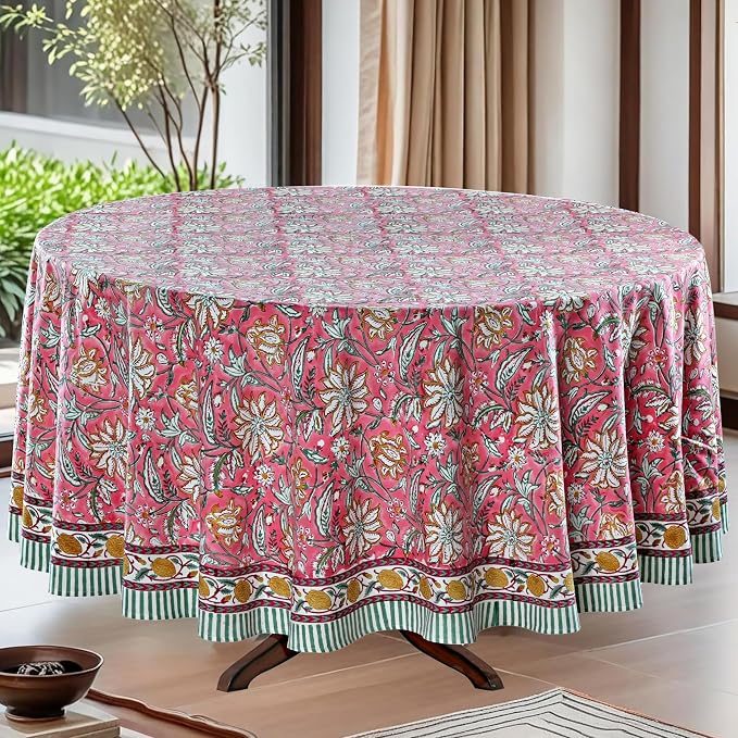 Ridhi Round Tablecloth Hand Block Print 100% Cotton Reusable Candy Pink 132 Inch Table Cover Decorative Everyday Use for Dining, Home, Party, Wedding, Farmhouse, Party Gift for Spring, Mother's Day